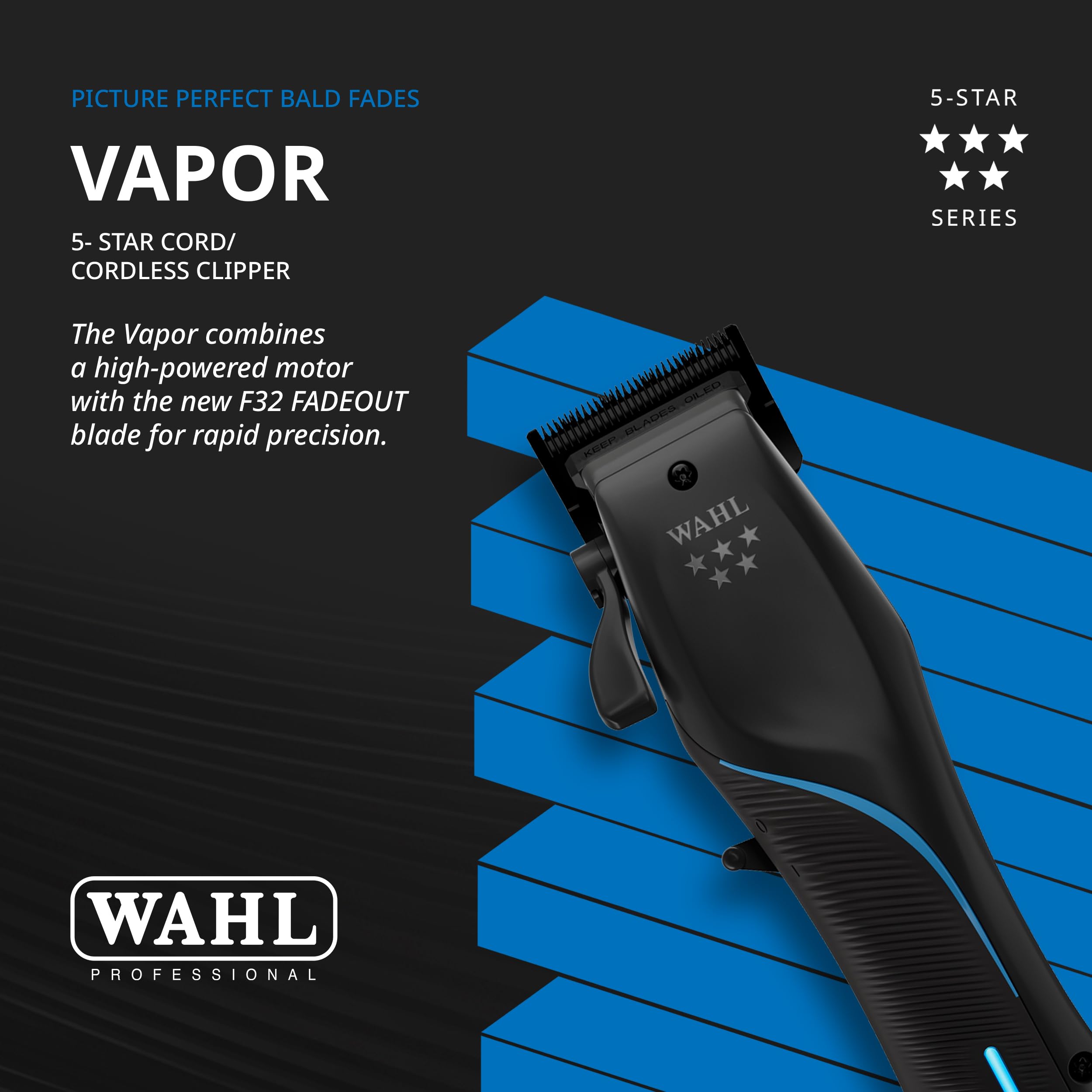 Wahl Professional 5-Star Vapor clipper adaptive speed control ensures efficient cutting across hair types