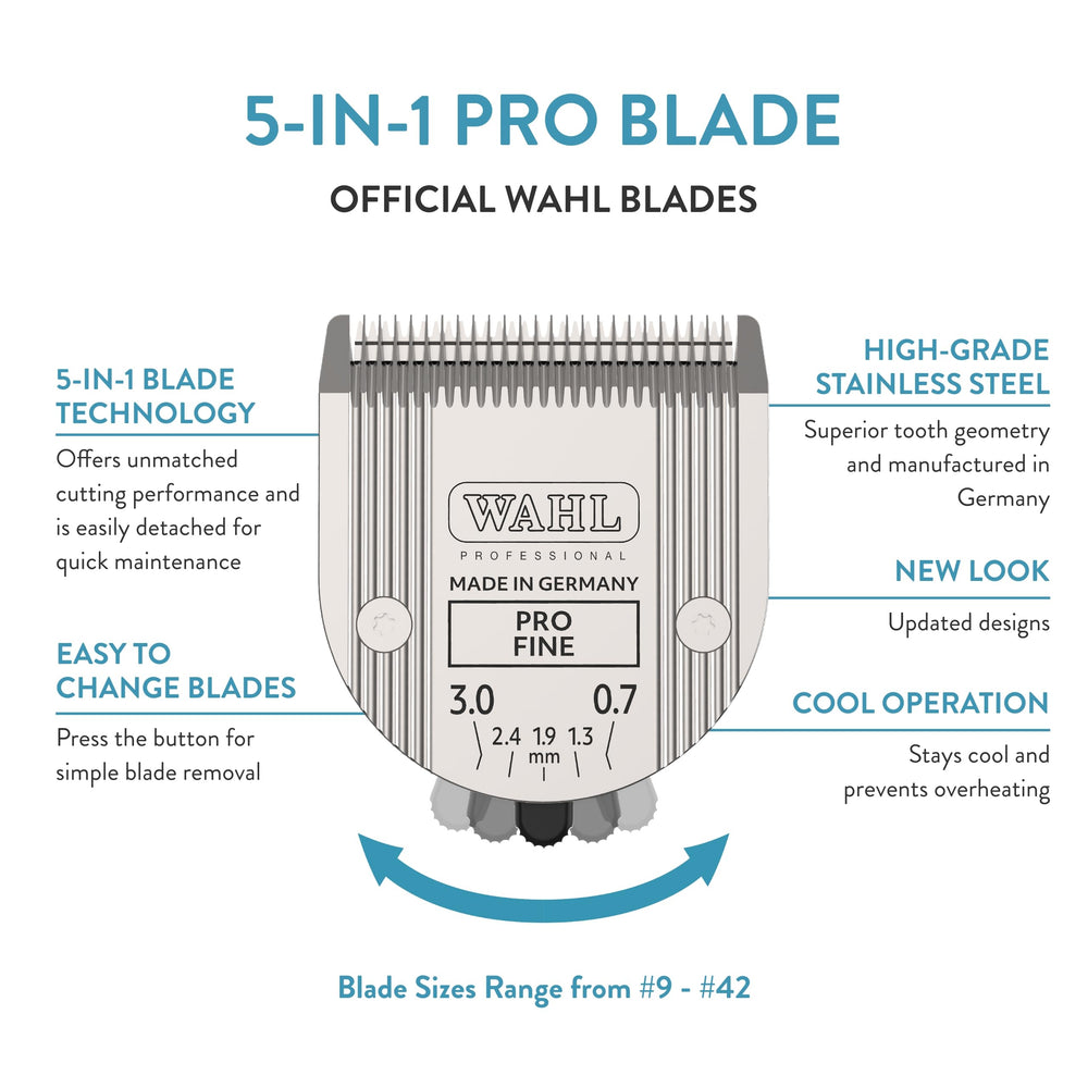 Wahl Professional Animal 5-in-1 blade displaying sizes 9 to 40 for precise grooming.