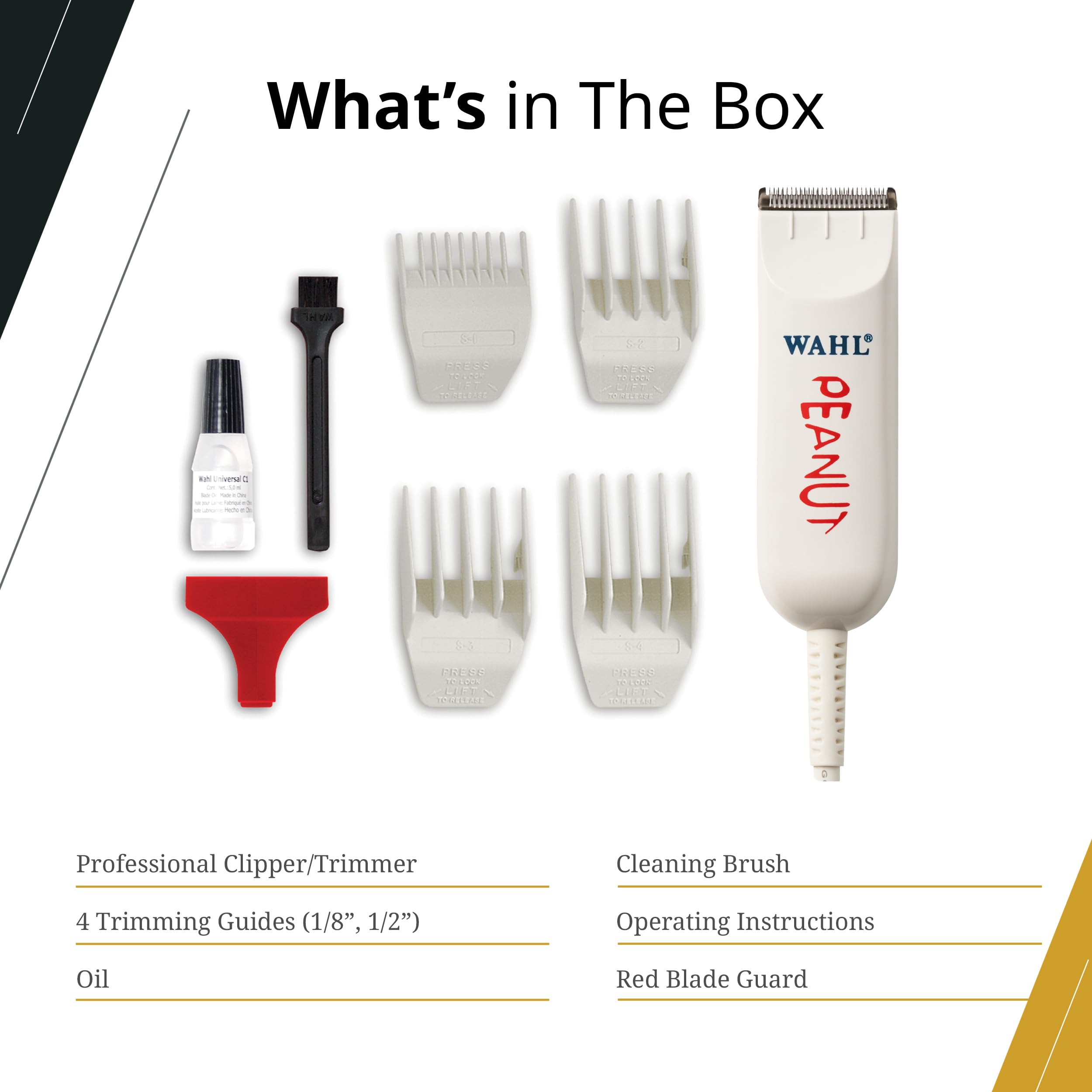 Wahl Professional Classic Peanut Trimmer complete kit includes guides, oil, brush, red blade guard.