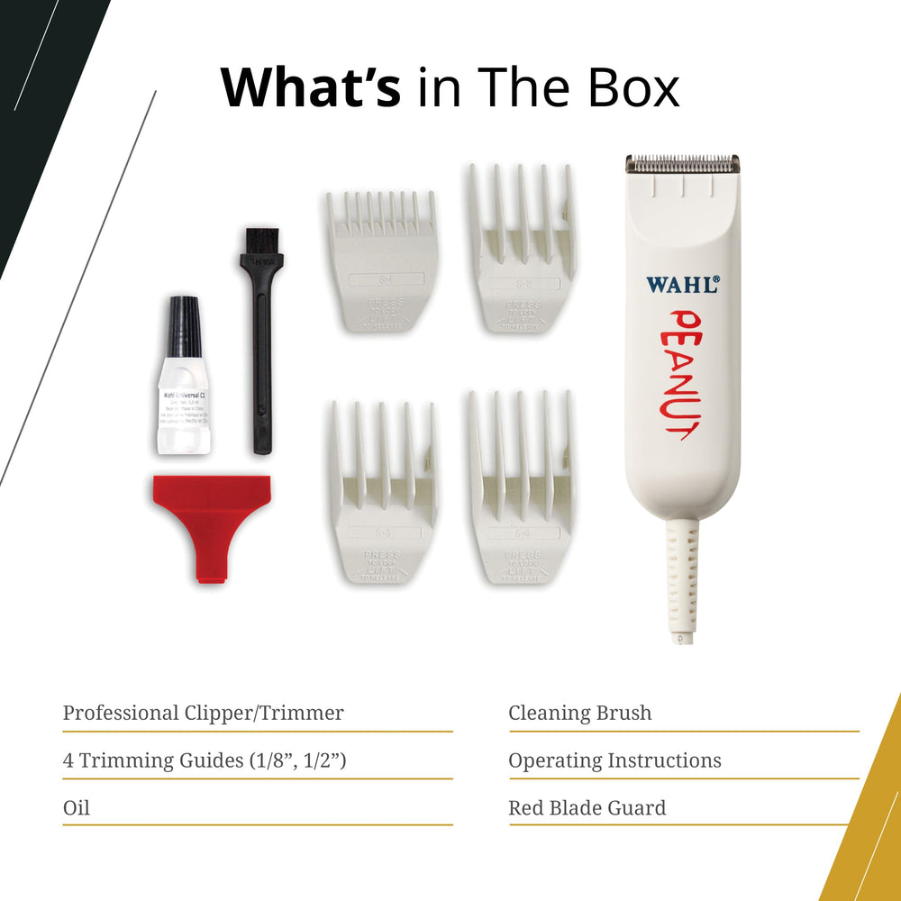 Wahl Professional Classic Peanut Trimmer complete kit includes guides, oil, brush, red blade guard.