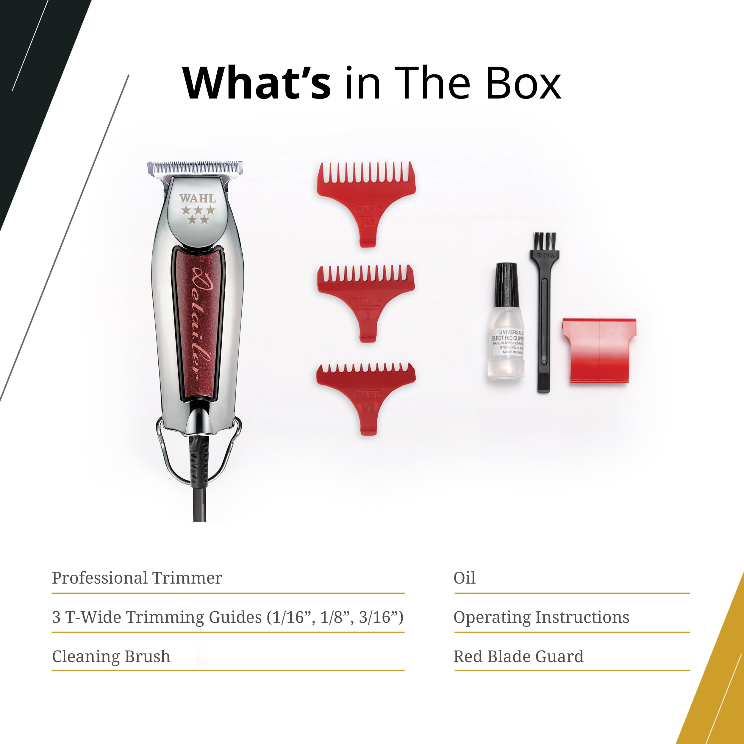 Wahl Professional Detailer Trimmer accessories include 3 guides for versatile length control