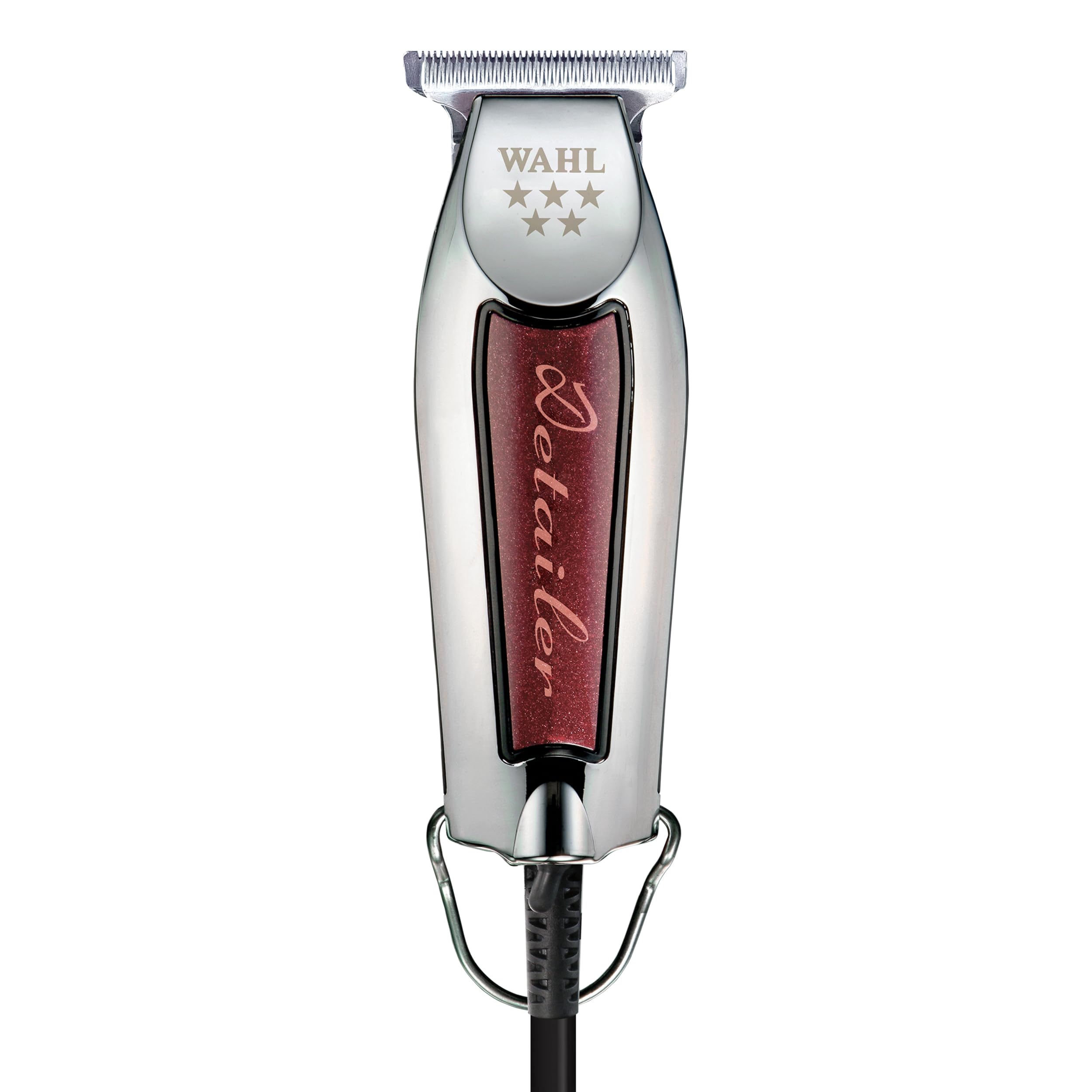 Wahl Professional Detailer Trimmer burgundy close-up shows precise T-blade trimming for clean lines