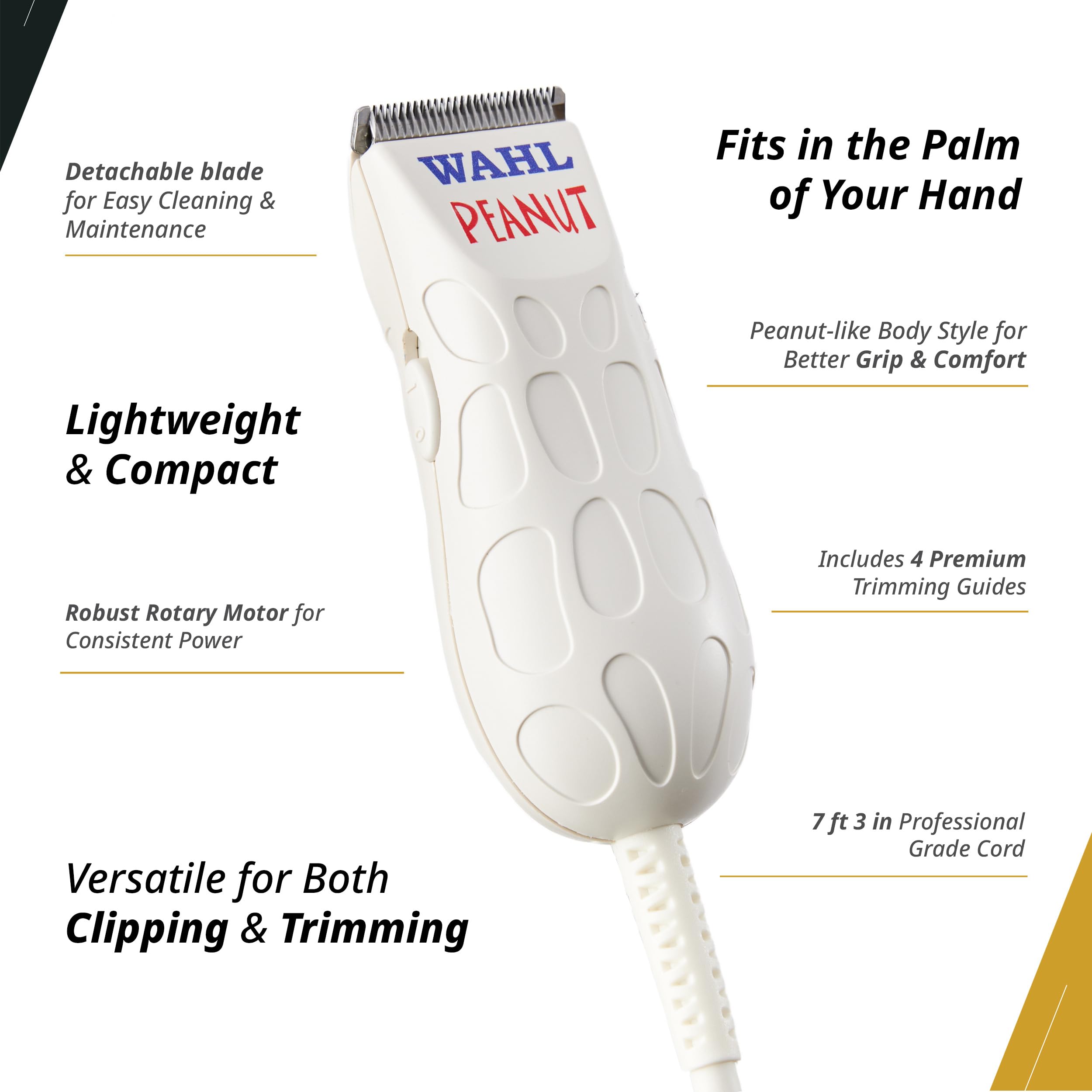 Lightweight white unit rests on a counter, emphasizing comfortable extended grooming sessions.