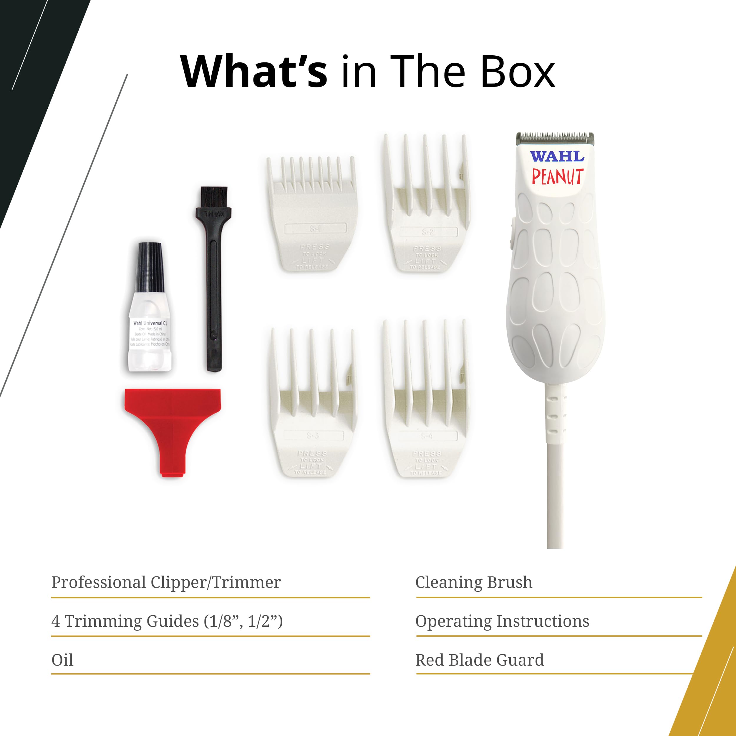 Professional-style kit shown with blade oil and cleaning brush for upkeep.
