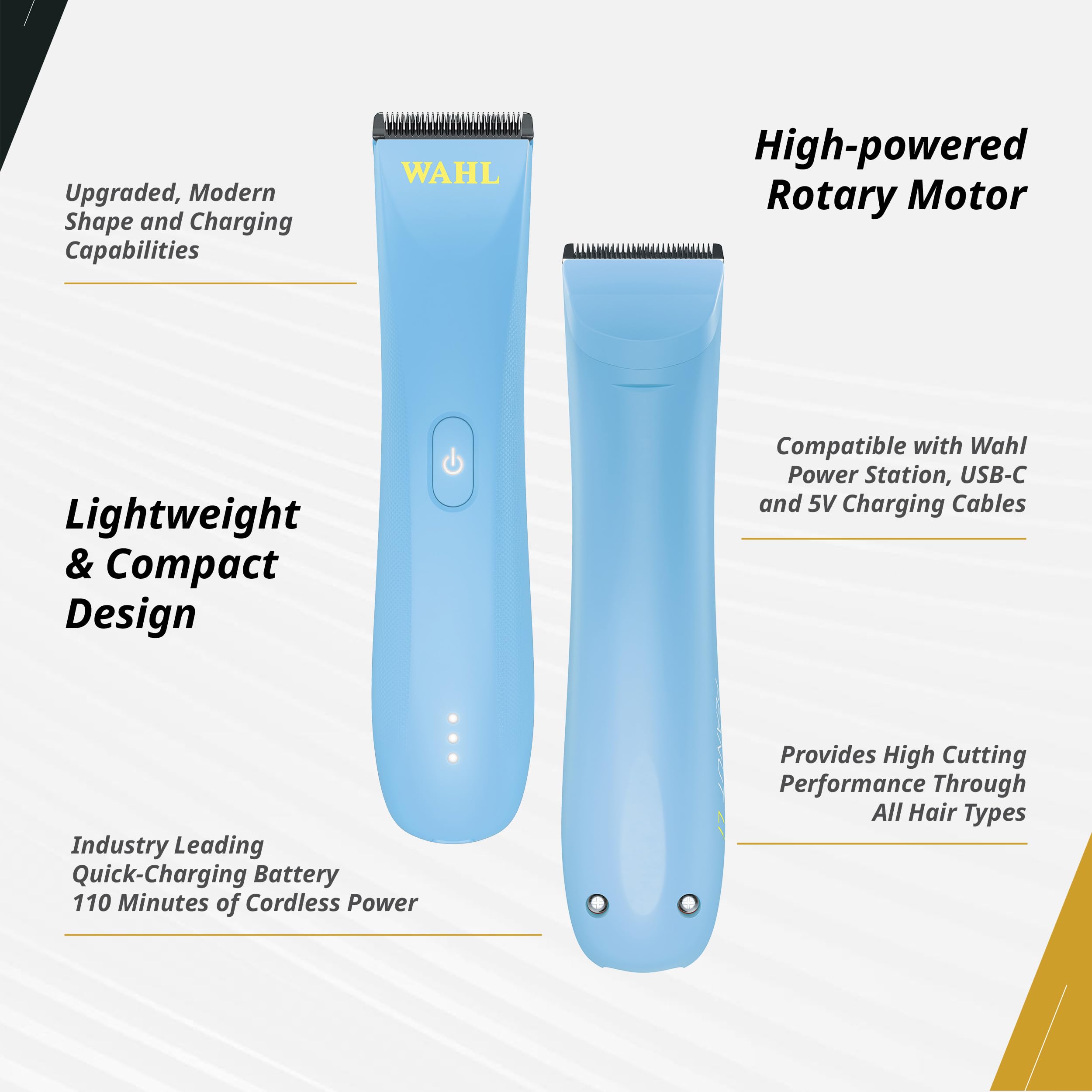 Wahl Professional Peanut Li cordless trimmer blue in-hand shot emphasizes lightweight comfort during long grooming sessions.