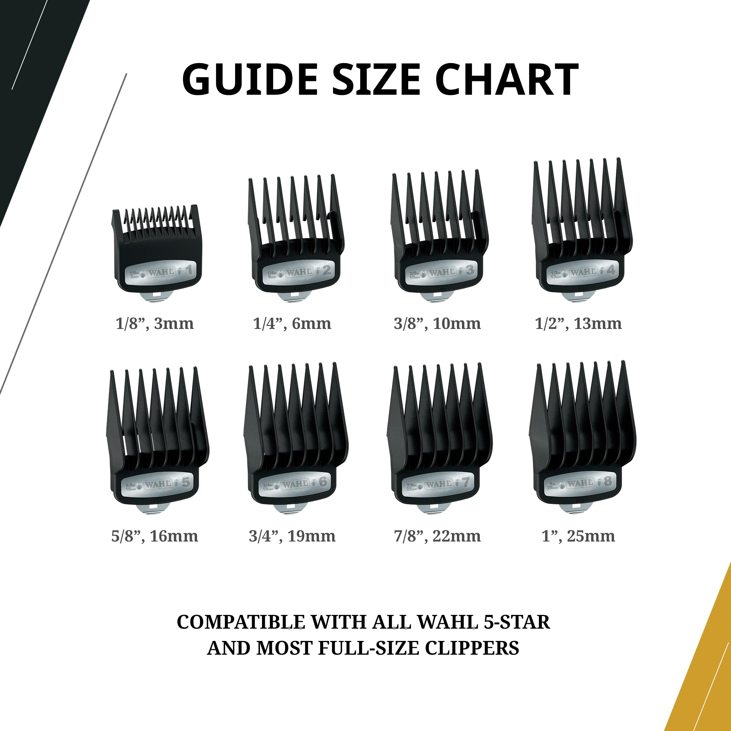 Wahl Professional premium cutting guides enable smooth, precise fades and trims.