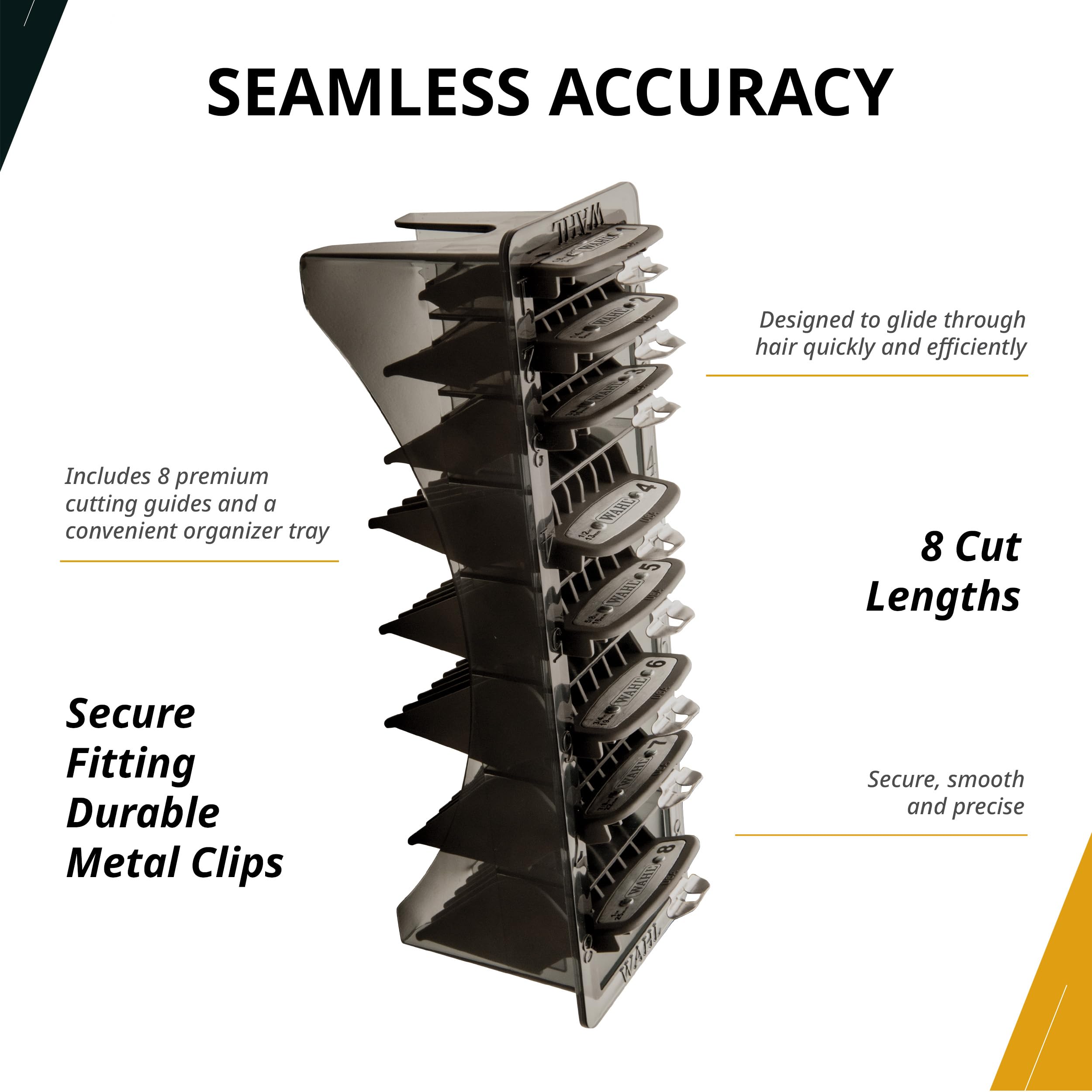 Wahl Professional premium cutting guides sizes 1-8 for versatile length control.