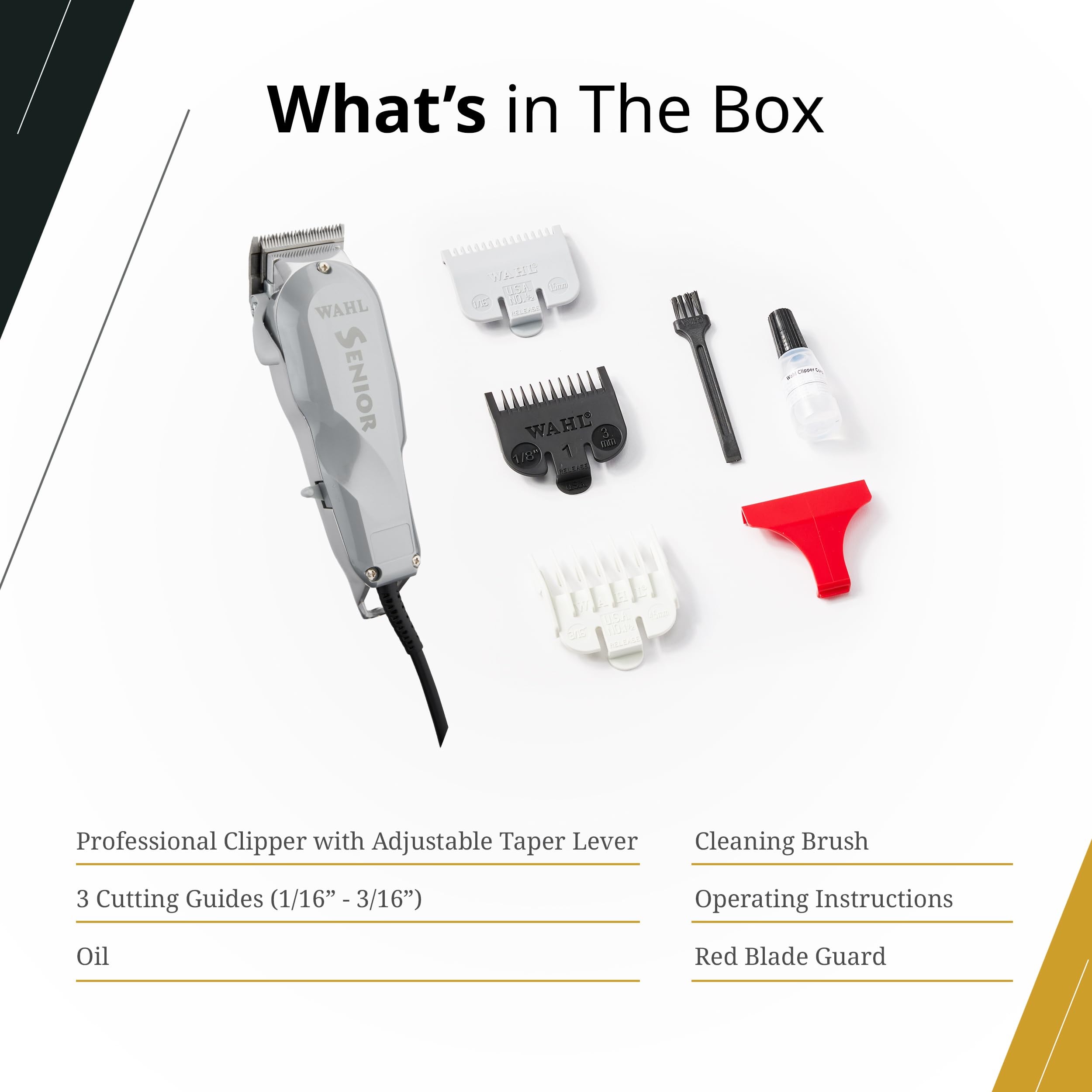 Wahl Professional Senior Clipper with attachment combs shows versatile grooming options.