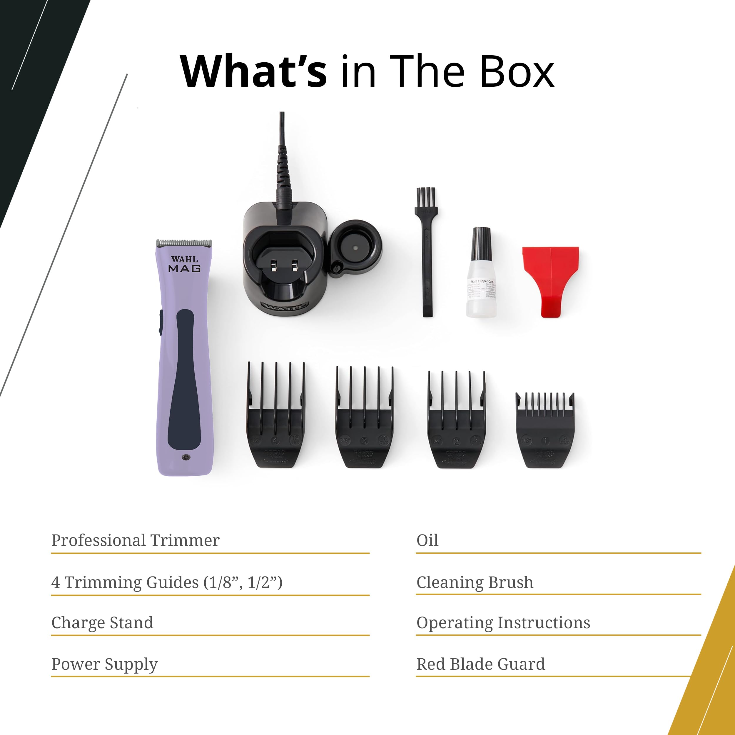 Wahl Professional Sterling MAG cordless trimmer includes four trimming guides for versatile cuts
