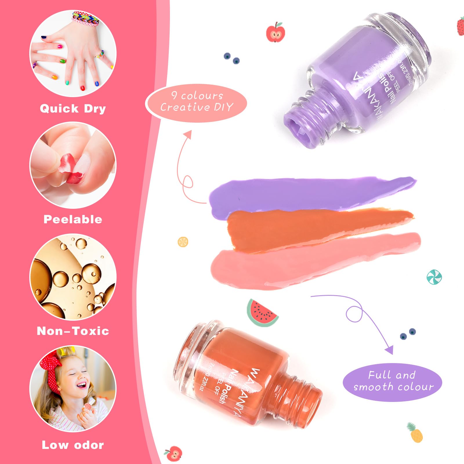 Wakaniya peel-off nail polish for easy removal with warm water.