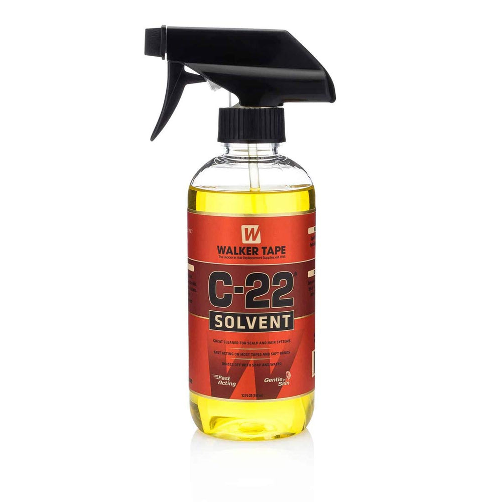 Walker Tape 12oz Spray C-22 bottle shows quick-drying adhesive solvent for scalp use.