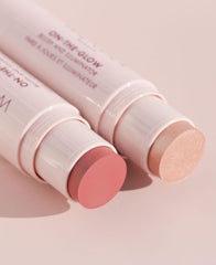 Wander Beauty dual-ended stick close-up shows creamy blush and highlighter for quick multitasking.