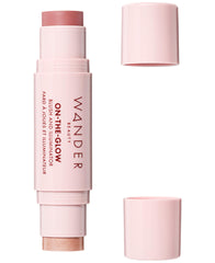 Wander Beauty On-the-Glow dual-ended stick provides creamy color for cheeks and lips with a radiant highlight.