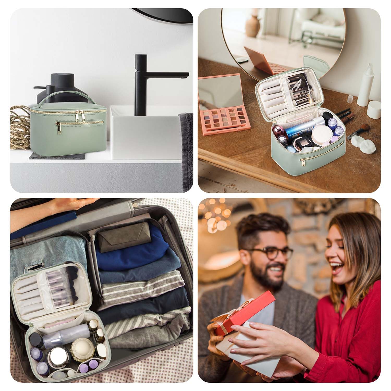 Wandering Nature makeup bag in use with travel size products