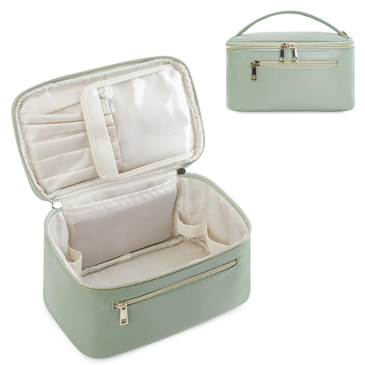 Wandering Nature makeup bag sage-green opening shows easy access to travel essentials