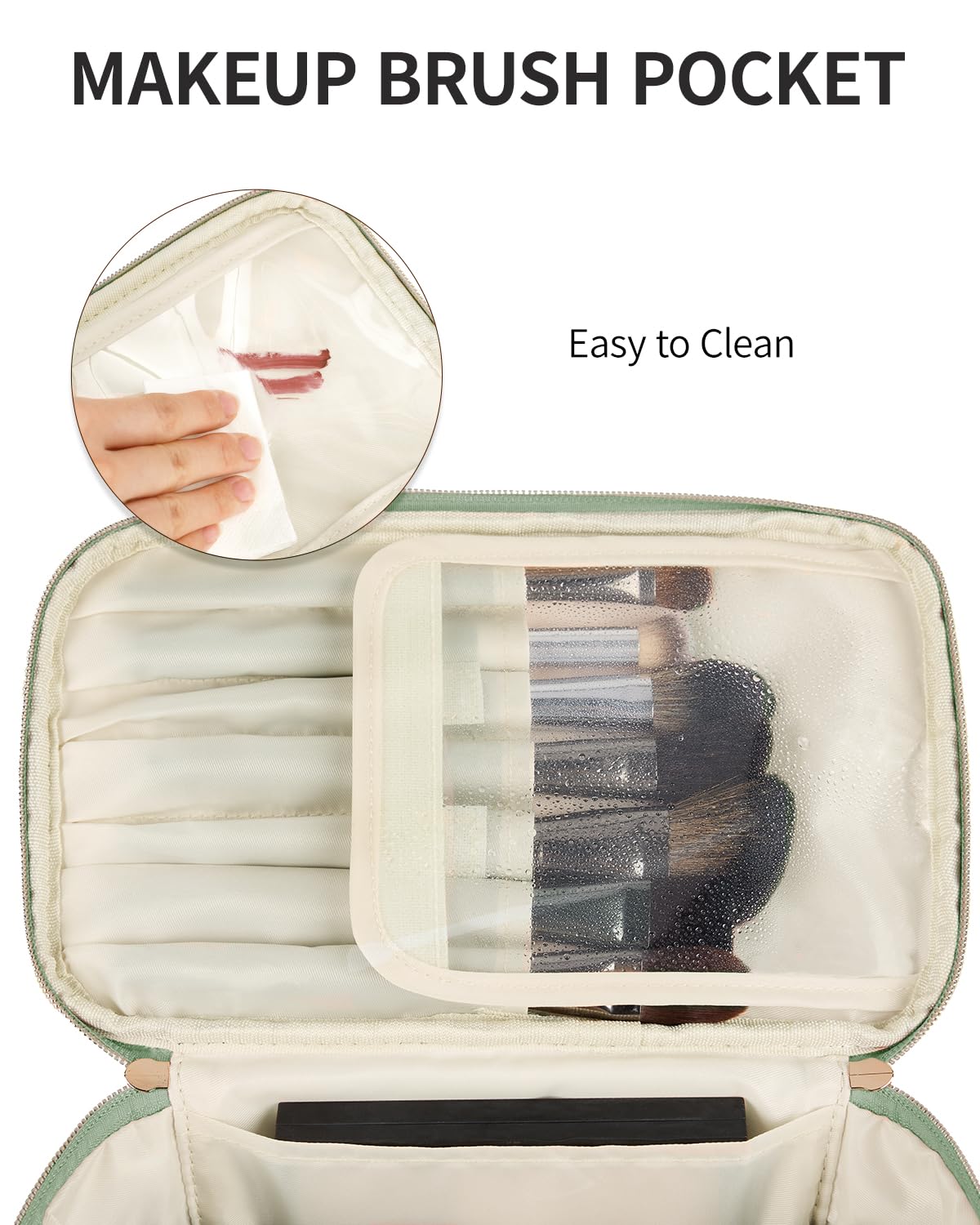 Wandering Nature brush compartment keeps brushes protected and organized on the go.