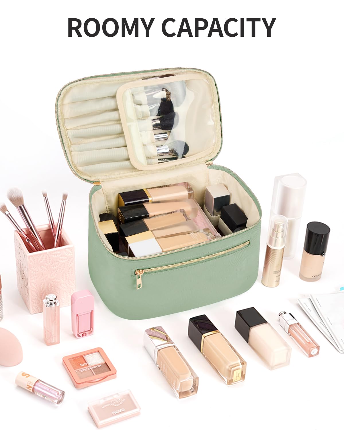 Wandering Nature dimensions highlight roomy capacity for travel-sized skincare.