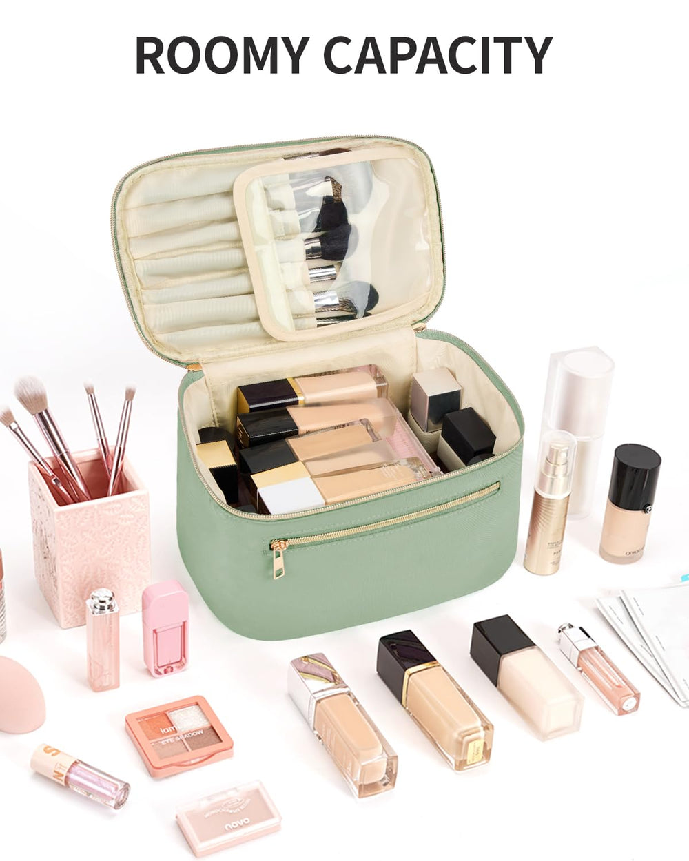 Wandering Nature dimensions highlight roomy capacity for travel-sized skincare.