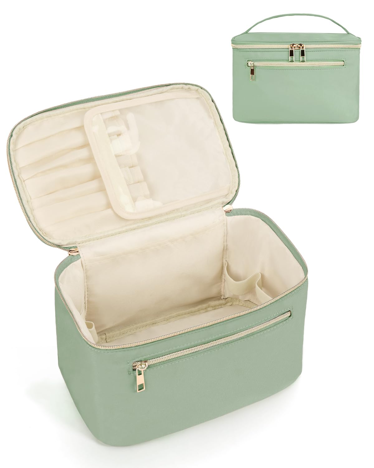 Wandering Nature large makeup bag front view in sage green for easy travel organization.