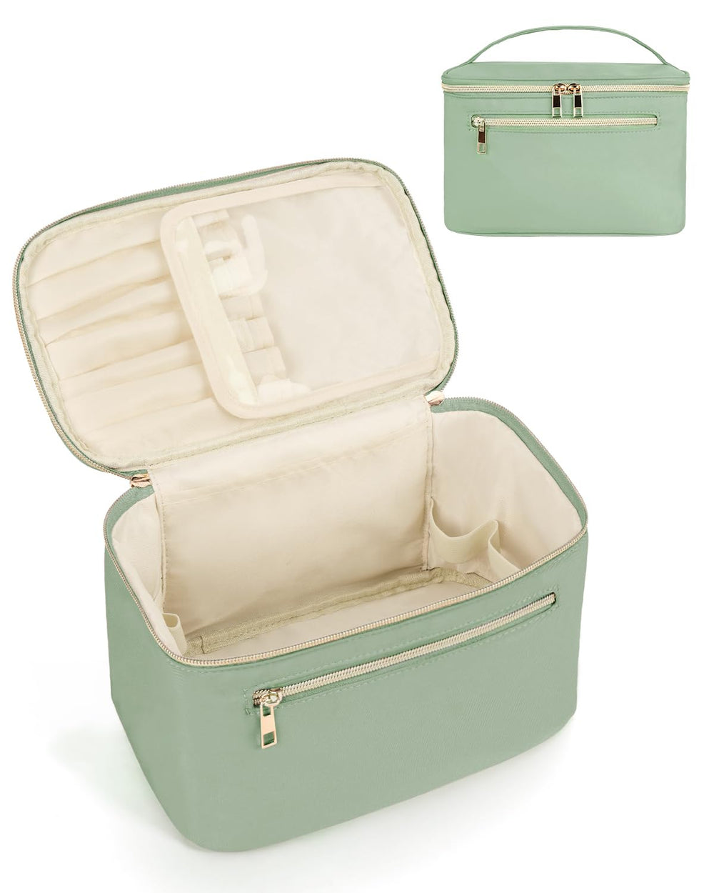 Wandering Nature large makeup bag front view in sage green for easy travel organization.