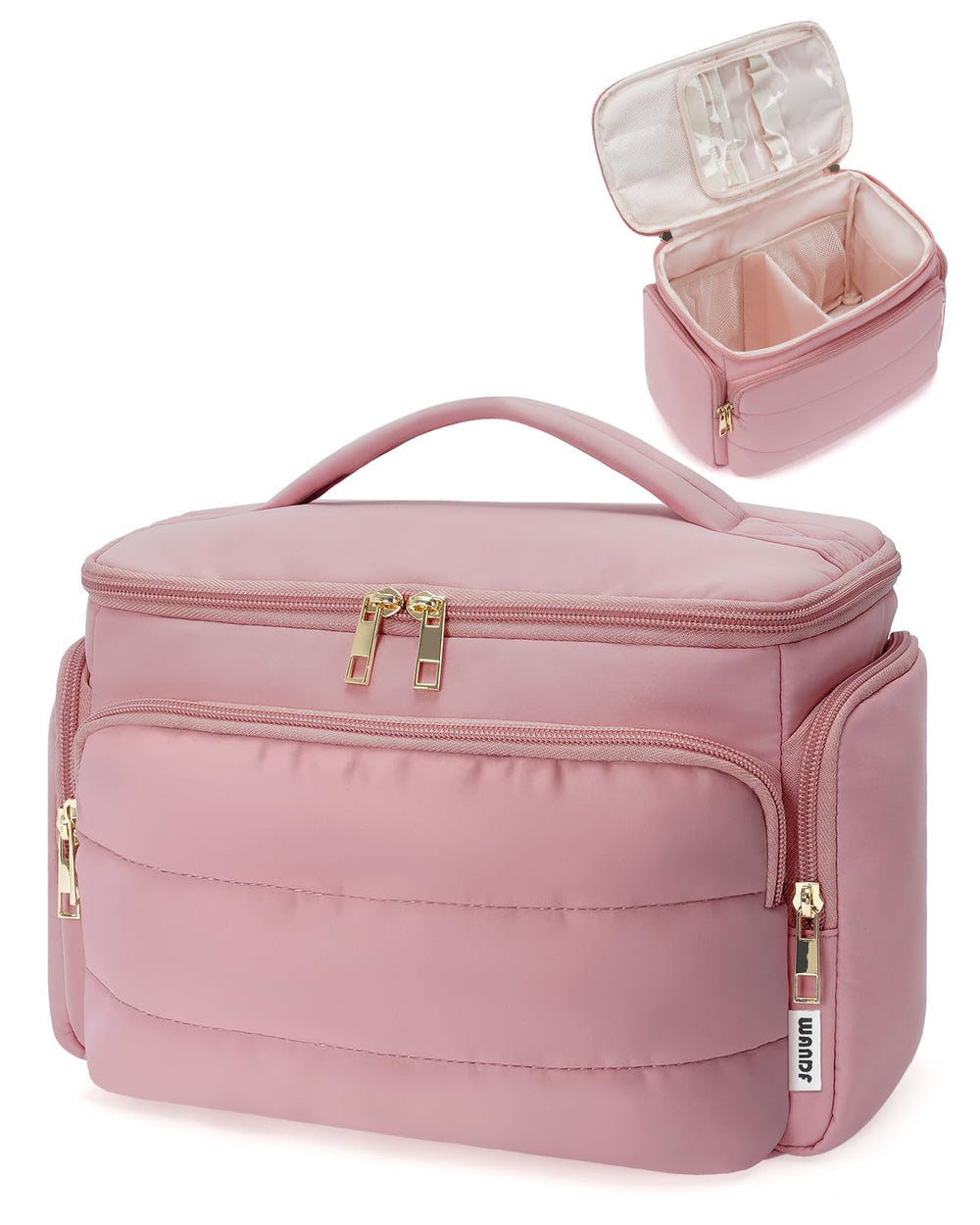 WANDF dusty pink travel toiletry bag opens wide for organized main compartment