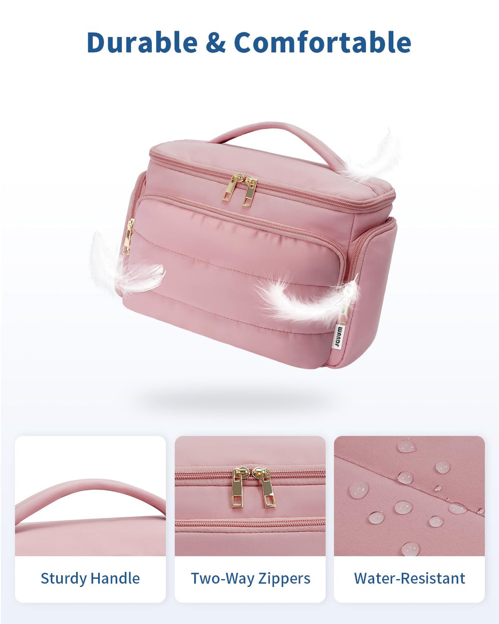 WANDF dusty pink bag stands upright on counters for clutter-free packing