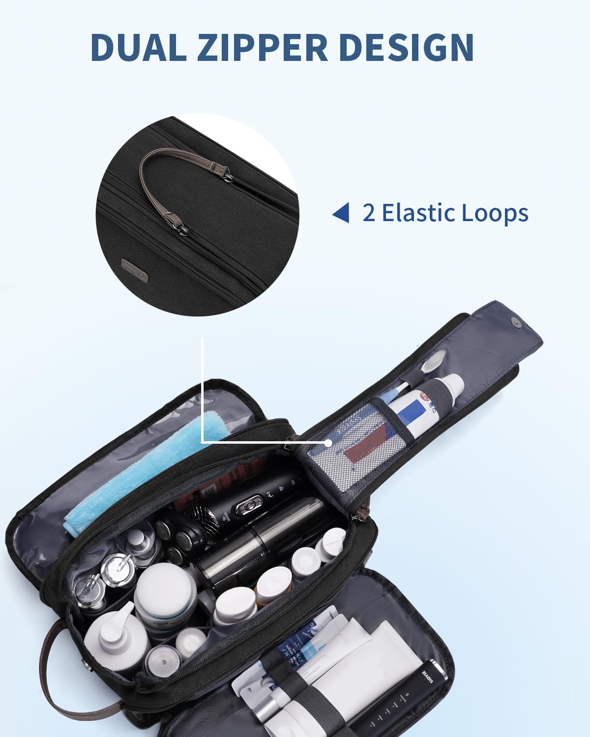 WANDF toiletry bag back with elastic loops secures toothbrushes and razors.