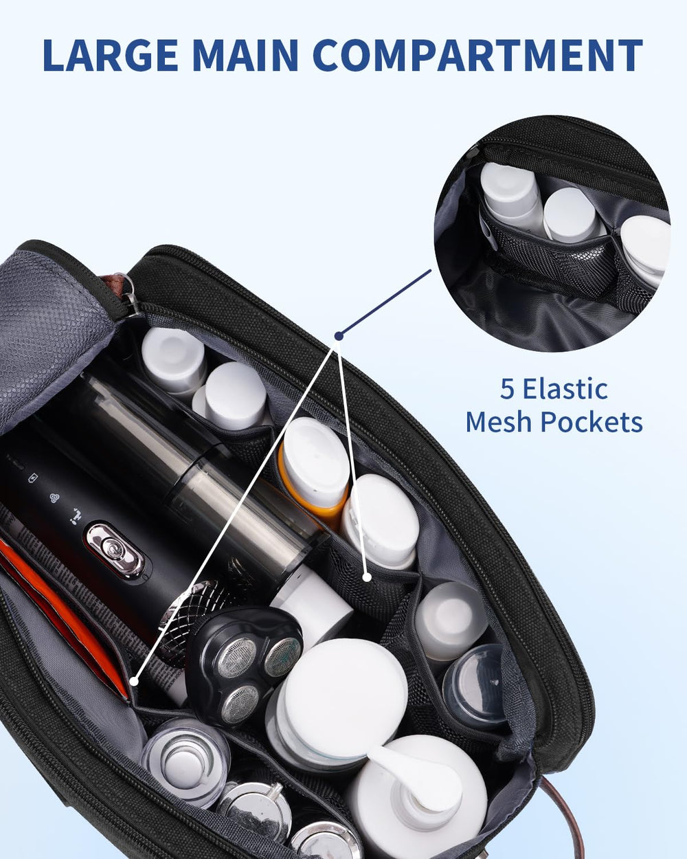 WANDF toiletry bag flat-open layout shows generous main compartment.
