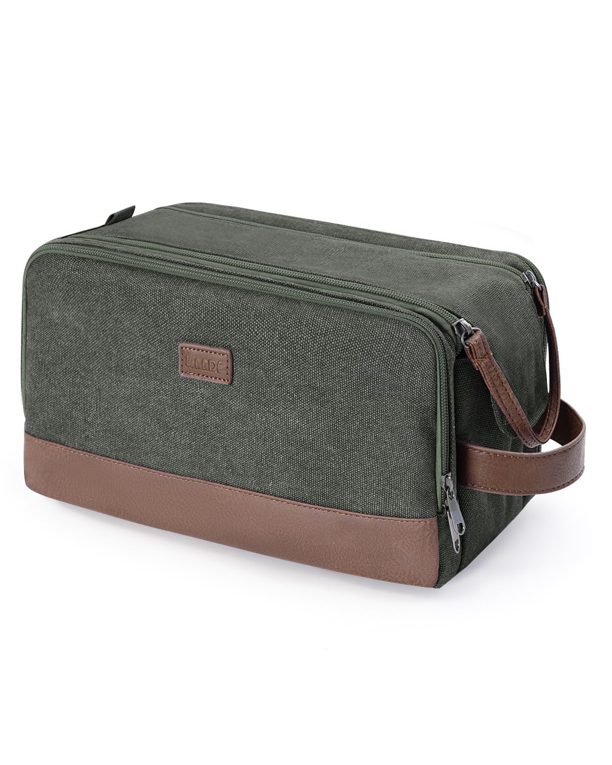 WANDF Toiletry Bag Large green with leather handle for easy travel carry.