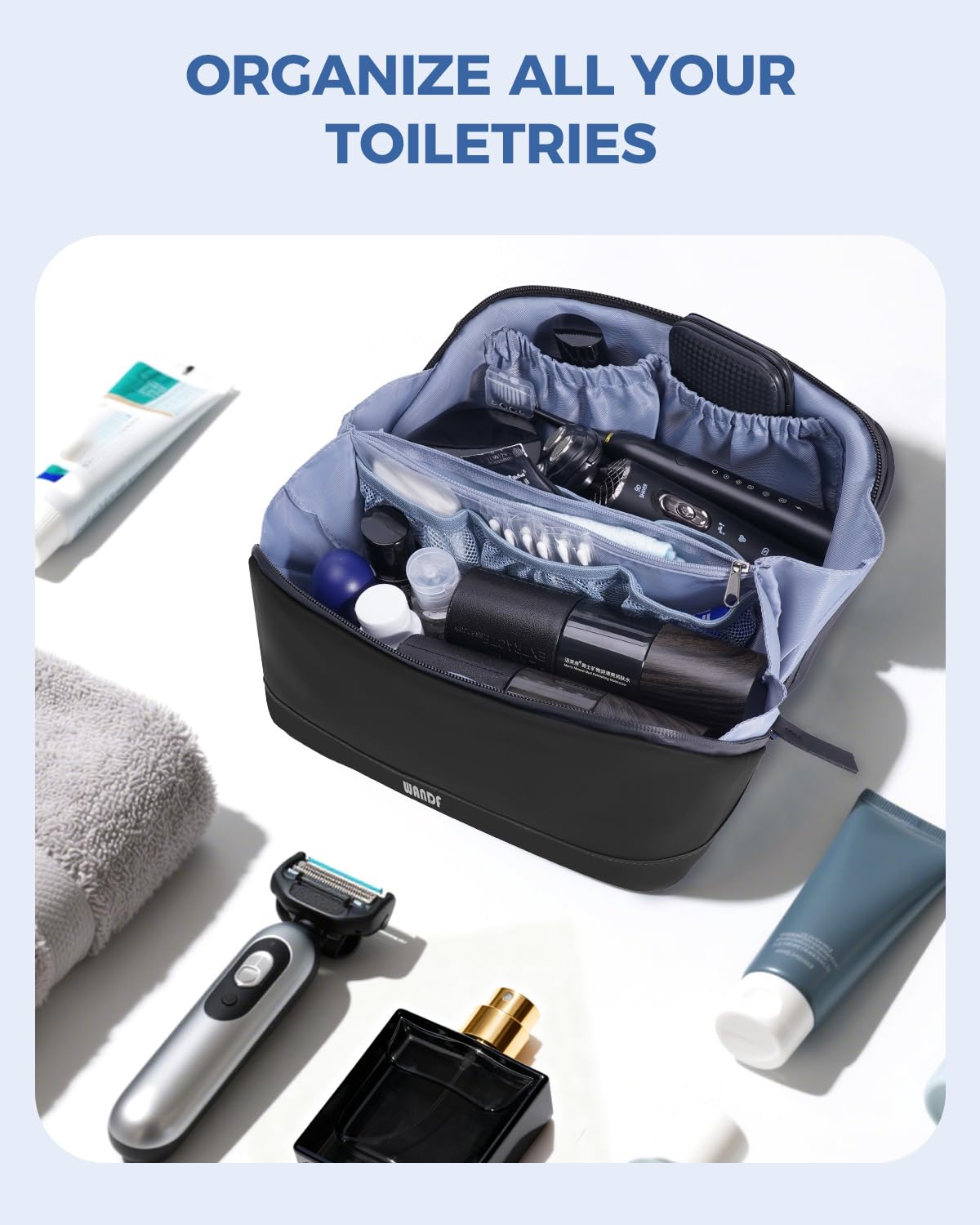 WANDF Toiletry Bag main compartment fits daily bottles and an electric shaver