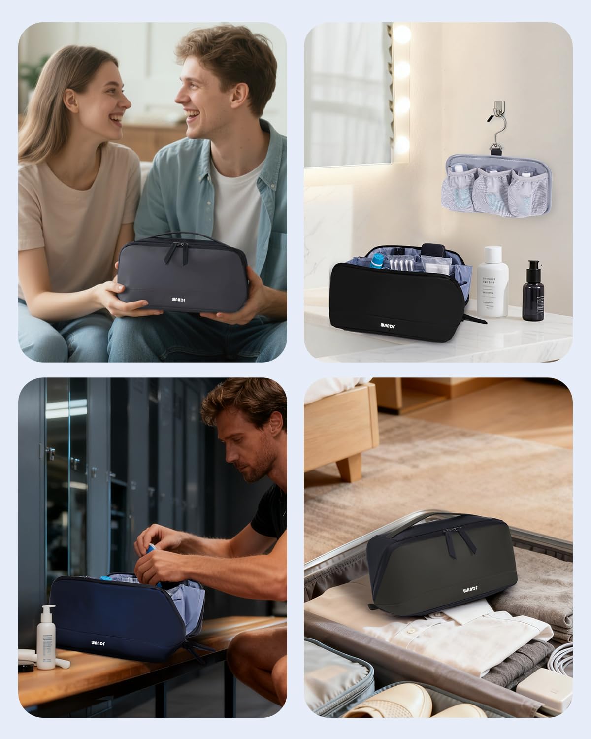 WANDF Toiletry Bag center damp-dry compartment keeps towels or shaving kit separate.