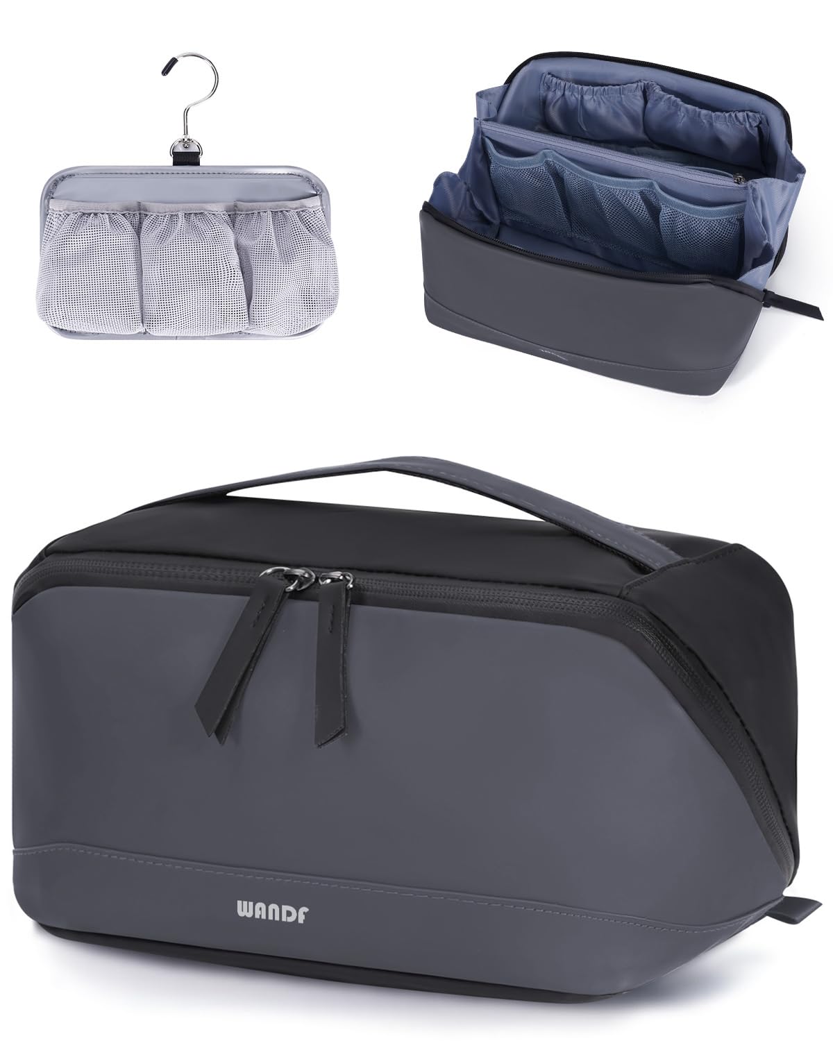 WANDF Toiletry Bag Men Dark Gray open-flat view shows quick-access organization.