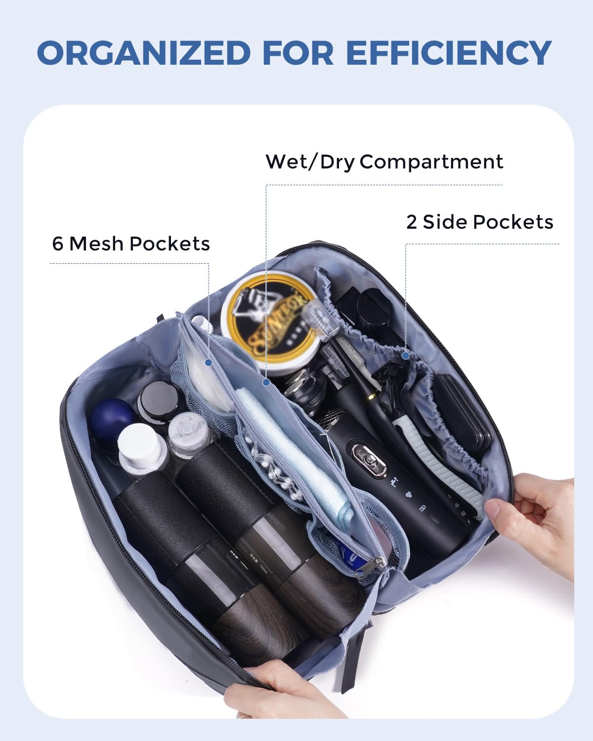 WANDF Toiletry Bag 9.8x5.1x5.9 inches fits daily bottles and a shaver.