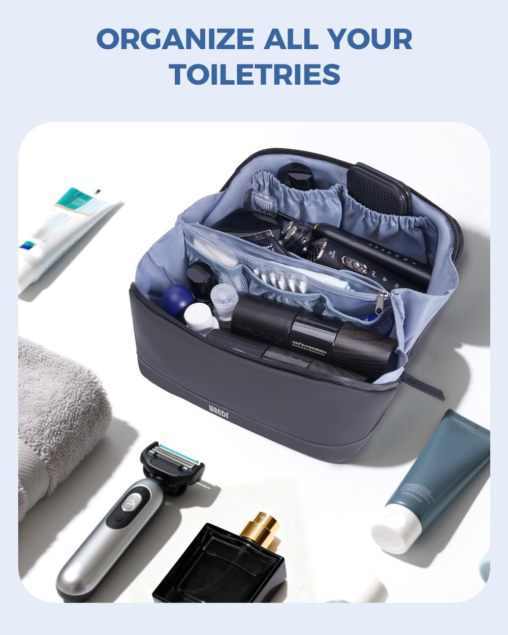 WANDF Toiletry Bag with waterproof pocket separates damp items for tidy packing.