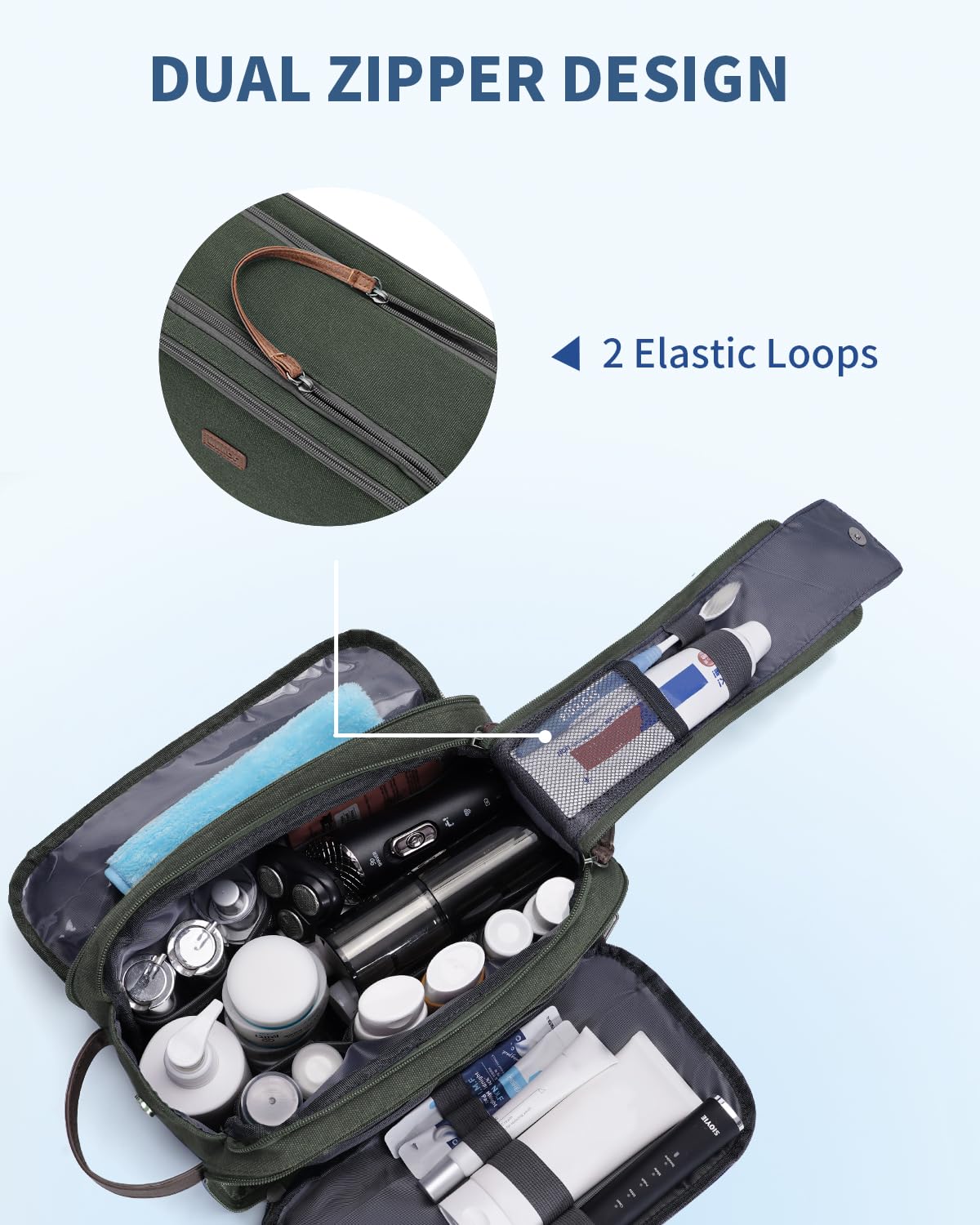 WANDF Toiletry Bag Mesh pockets keep bottles upright.
