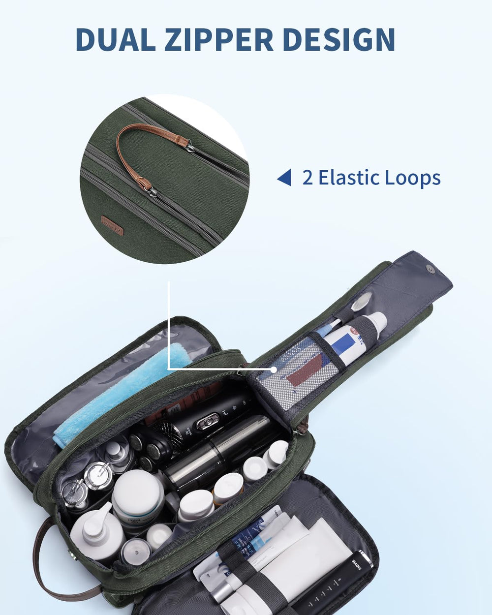 WANDF Toiletry Bag Mesh pockets keep bottles upright.