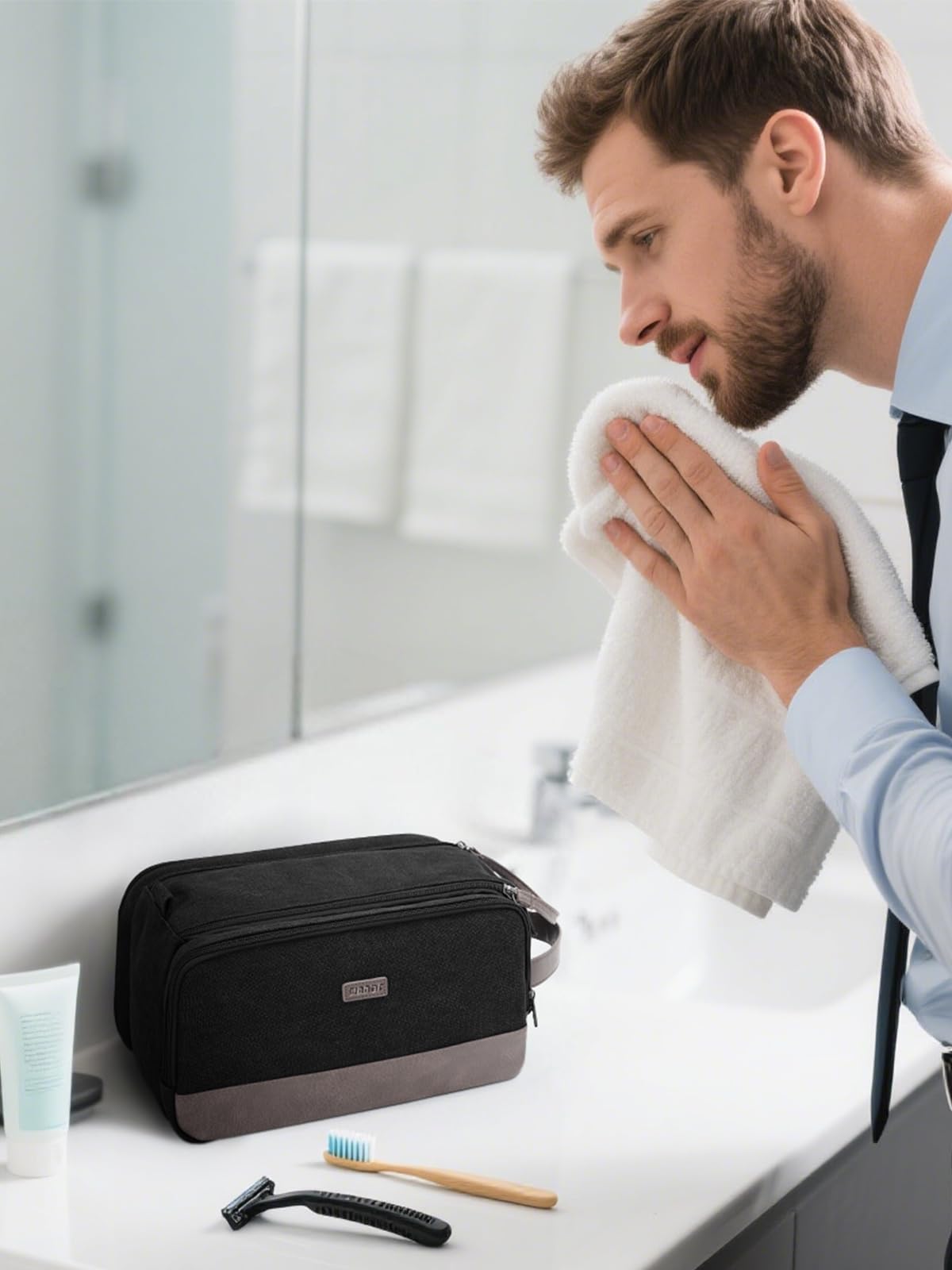 WANDF toiletry bag with mesh pouches holds bottles upright and accessible.