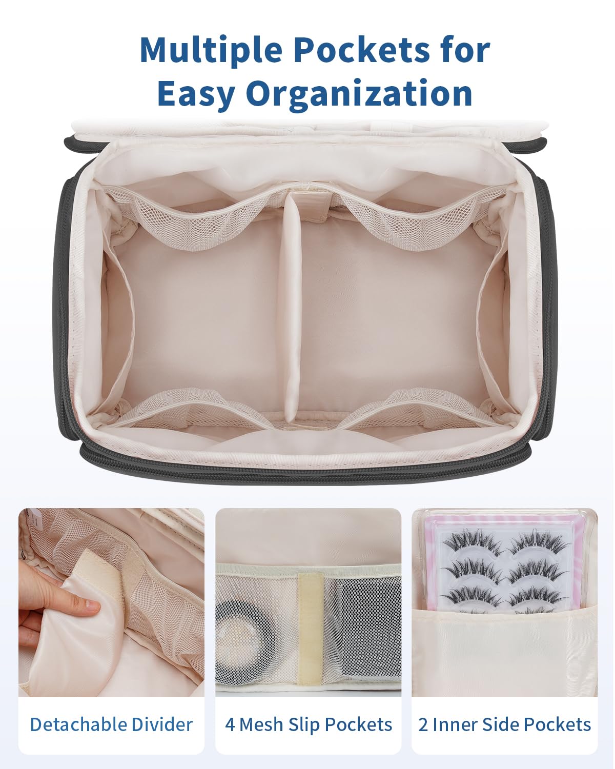 WANDF bag mesh pockets keep cosmetics sorted and separated