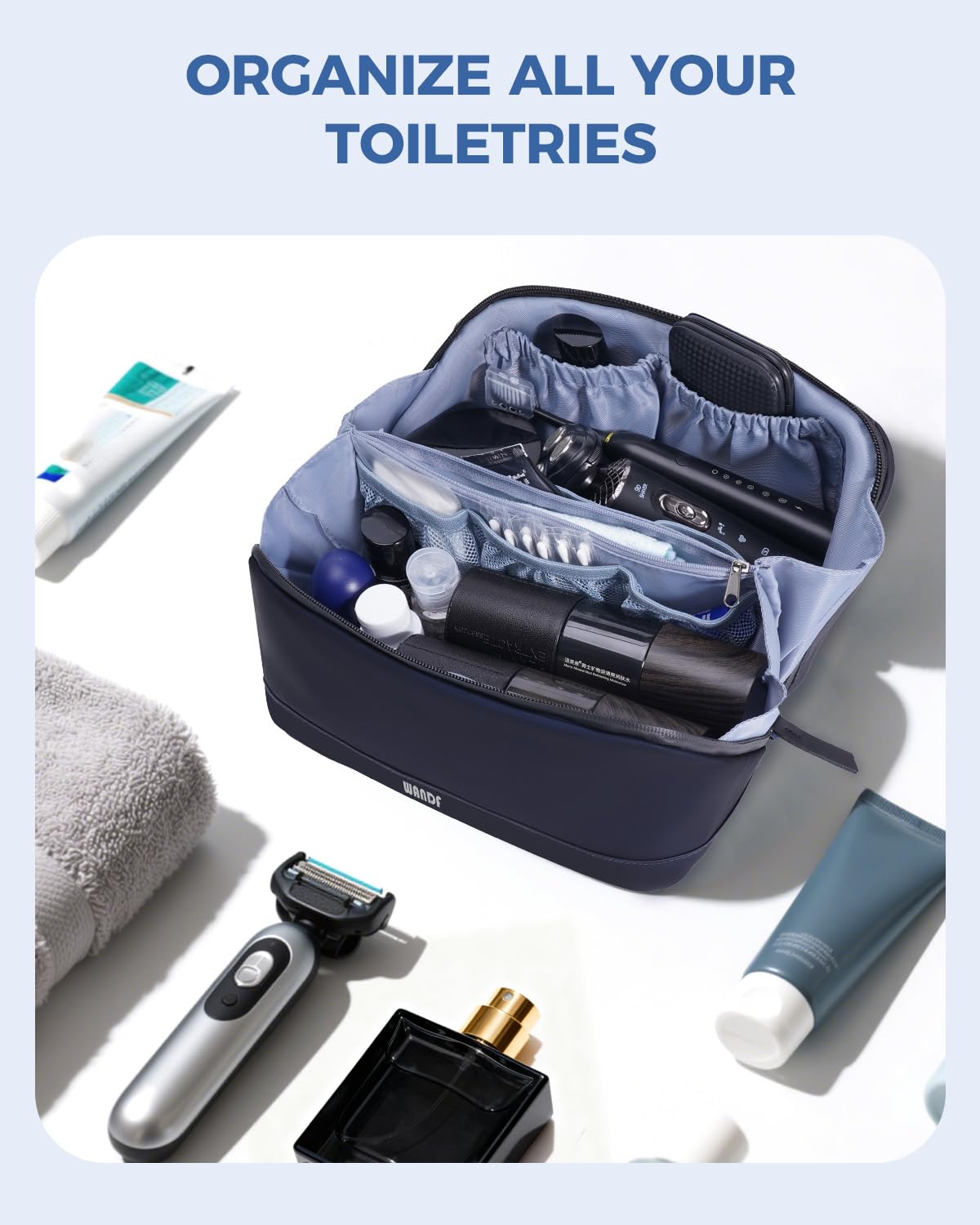WANDF navy bag center waterproof compartment keeps towels and kits dry