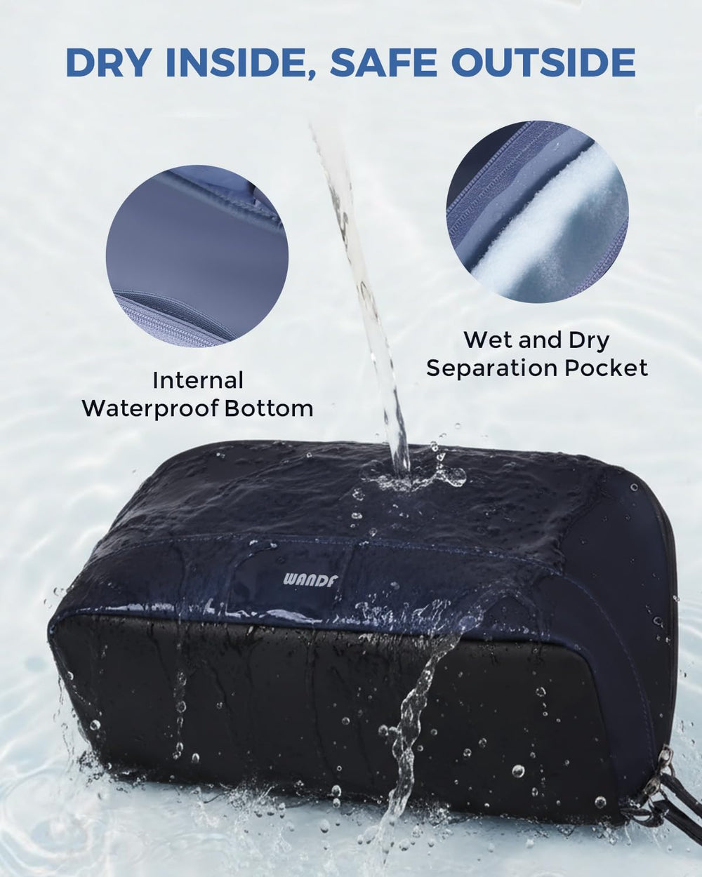 WANDF navy bag main compartment holds bottles and a shaver for daily use