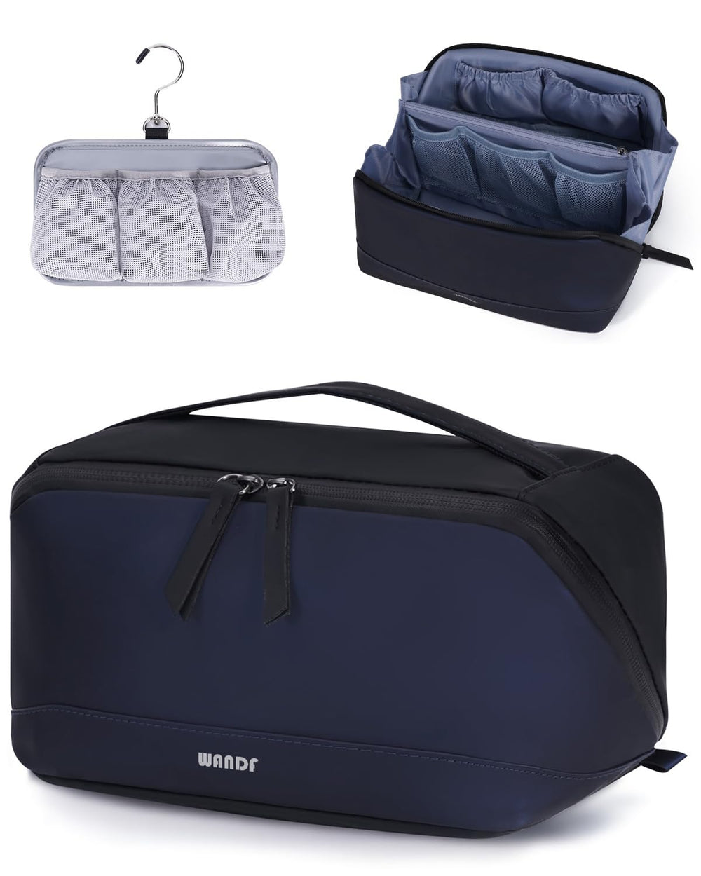 WANDF toiletry bag navy opens flat for quick, organized packing on trips