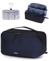 WANDF toiletry bag navy opens flat for quick, organized packing on trips