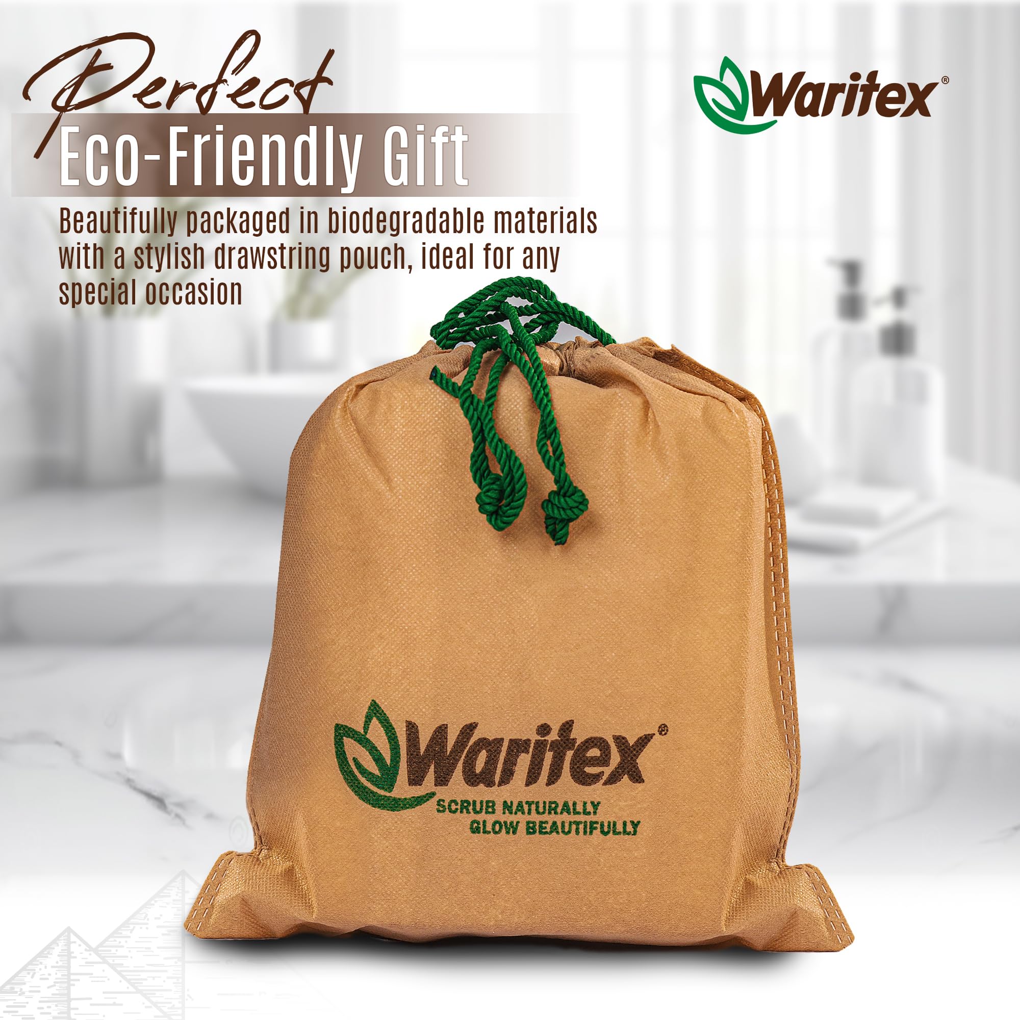 WARITEX loofah in bathroom evokes spa ritual.