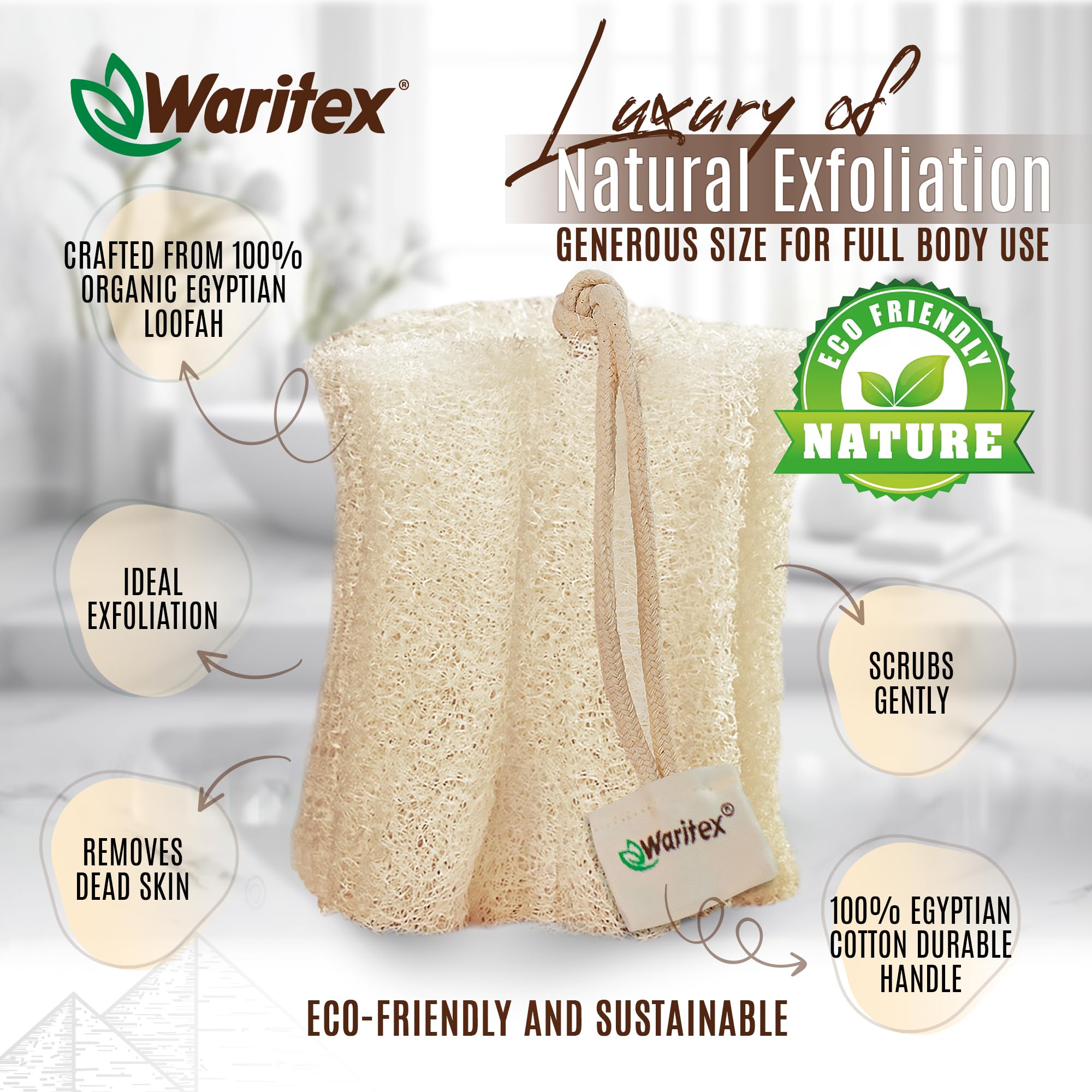 WARITEX loofah texture close-up shows plant-based fibers for exfoliation.