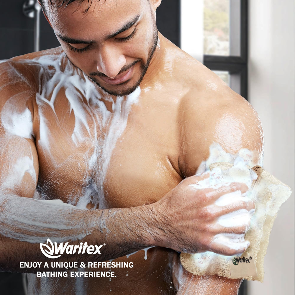 Waritex loofah soaking in water shows softening for gentle use