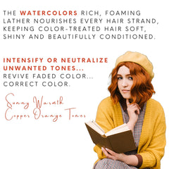 Watercolors Liquid Copper shampoo lather reveals vibrant color boost.