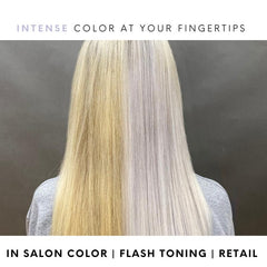 Watercolors Silver application on hair demonstrates quick tint build and even deposition.