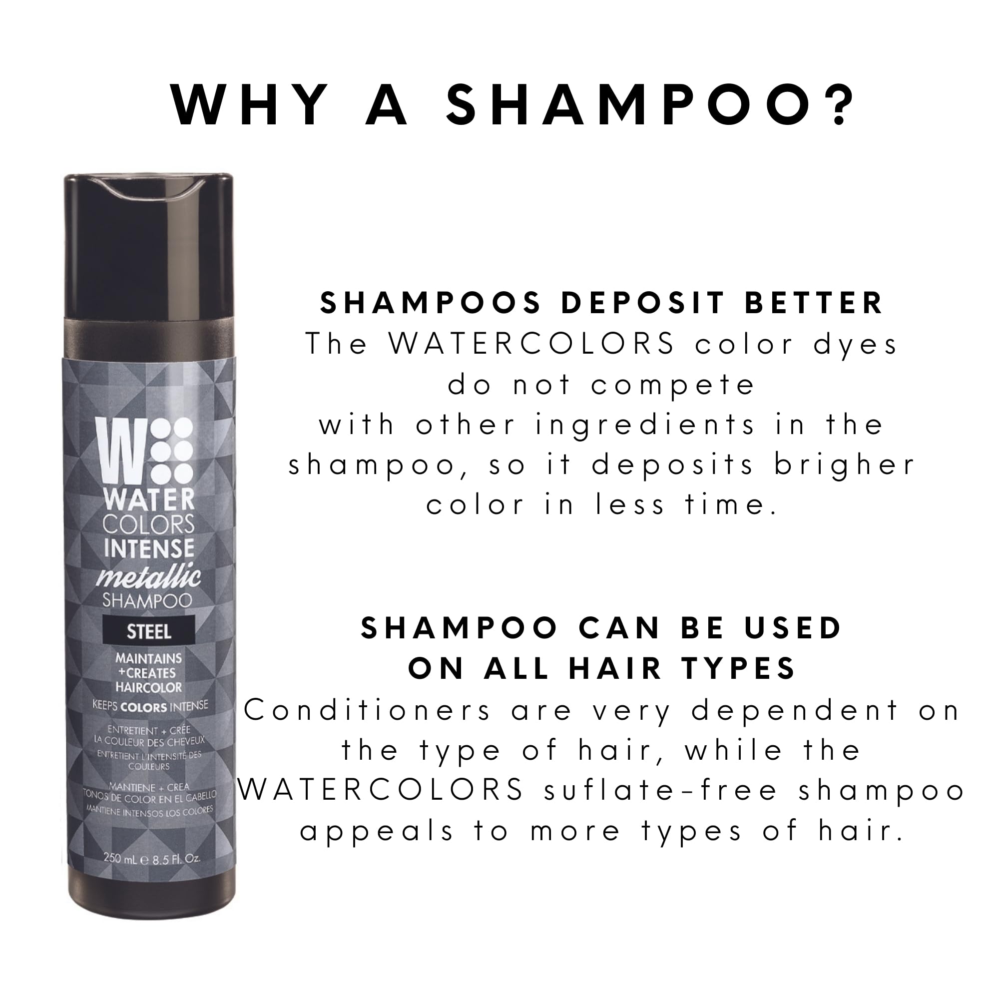 Watercolors Steel color deposit application demonstrates vibrant tone on damp hair.