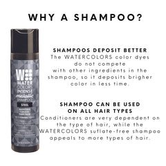 Watercolors Steel color deposit application demonstrates vibrant tone on damp hair.