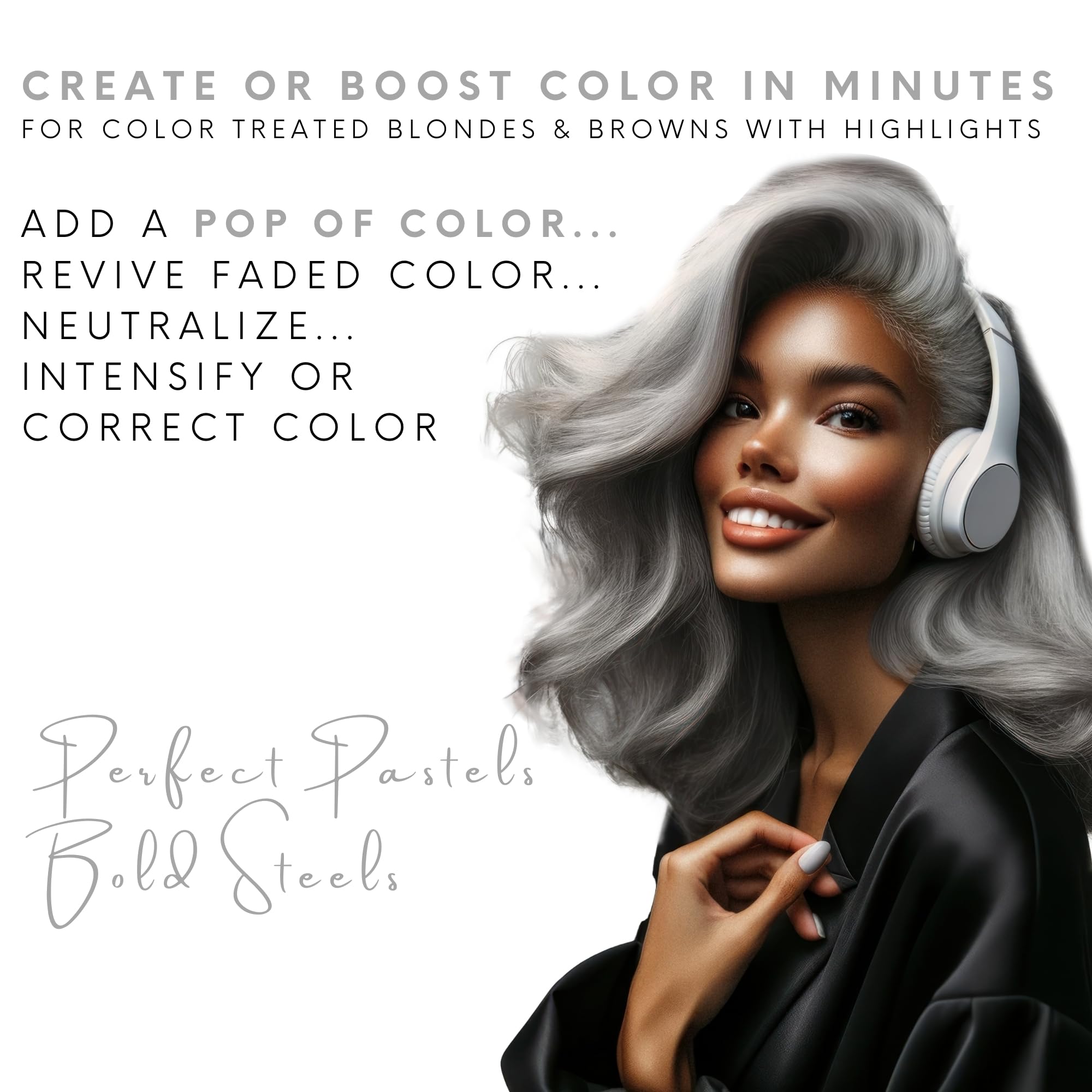 Watercolors Steel label closeup highlights sulfate-free, color-safe formula.